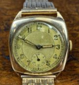 VINTAGE 9CT GOLD GENTLEMEN'S WRISTWATCH, cushion case, circular gilded dial with Arabic numerals and