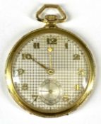 RODE WATCH COMPANY ROLLED GOLD OPEN FACED POCKET WATCH, keyless, engraved silver dial with gilt