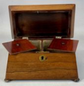 REGENCY ROSEWOOD SARCOPHAGUS FORM DOUBLE TEA CADDY on bun feet, with fitted interior, 16 (h) x 23 (