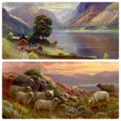 ‡ THOMAS FINCHETT (British 1858 - 1931) two oils on board - moorland sheep and mountainous lake