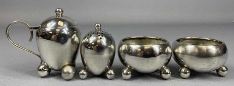 EDWARD VII SILVER CRUET SET comprising two salts, pepper and mustard pots having blue glass