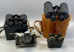 AJAX 10 x 50 BINOCULARS in pigskin case, Tasco 8 x 30 binoculars in case, pair of opera glasses in