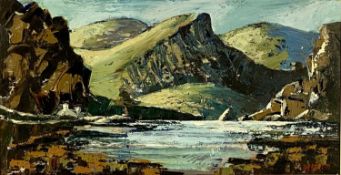 ‡ ROY BURROWS (British 1922 - 2010) oil on board - Welsh mountainous lake scene, 32 x 61cms