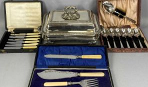 RECTANGULAR SILVER-PLATED CHAFING DISH with two-handled stand, cover with ornate floral handle,