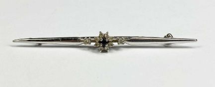 WHITE METAL BAR BROOCH SET WITH SMALL SAPPHIRE & DIAMONDS, indistinctly stamped, 3gms Provenance: