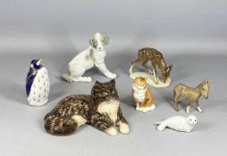A GROUP OF CERAMIC ANIMAL FIGURES including Royal Crown Derby penguin paperweight, 15cms (h) (no