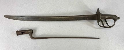 19TH CENTURY STEEL SOCKET BAYONET, 55cms (l) overall and 19th century cutlass, 60.5cms blade,