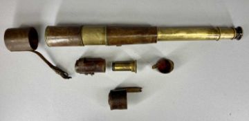 WWI PERIOD LEATHER CASED THREE DRAW TELESCOPE with additional leather cased lens Provenance: private
