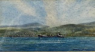 ‡ GERRY BALL RCA (British b. 1943) watercolour - inscribed 'Shipping at Dusk', verso label 'The Lion