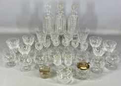 ASSORTED CUT GLASSWARE including three circular decanters with stoppers, six engraved liqueur