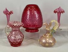 ASSORTED COLOURED GLASSWARE including dimpled cranberry glass oil lamp shade, 30cms (h), Venetian