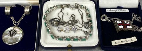 SILVER JEWELLERY including emerald and cubic zirconium tennis bracelet, Celtic design blue stone