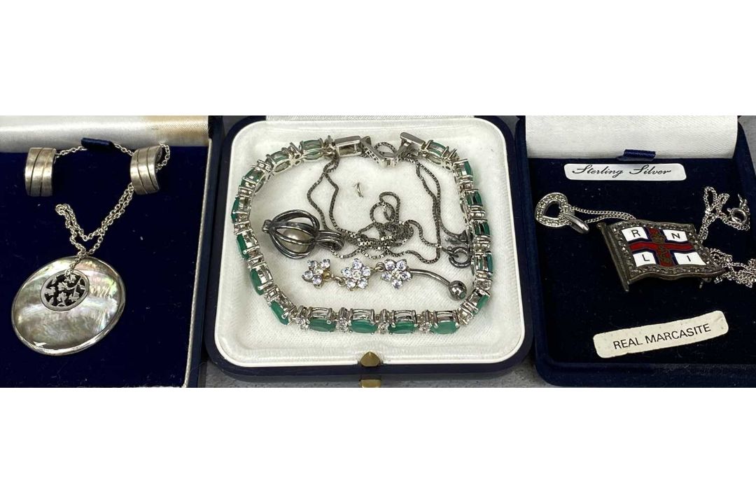 SILVER JEWELLERY including emerald and cubic zirconium tennis bracelet, Celtic design blue stone - Image 1 of 3