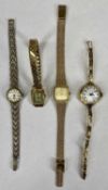 FOUR LADIES' WRISTWATCHES, Rodania with rectangular 9ct gold case, unmarked with circular 9ct gold
