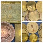 ASSORTED EASTERN BRASSWARE including very large rectangular plaque, embossed all over with figures