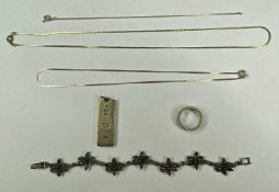 SILVER JEWELLERY including ingot pendant, 1ozt, engraved band ring, size Q, amethyst floral