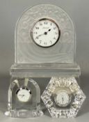 BACCARAT CRYSTAL MANTEL CLOCKS, comprising one with Art Deco moulded design, arched top and