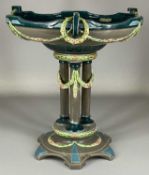 MAJOLICA SECESSIONIST TABLE CENTREPIECE, circular bowl with garland handles on triple pillar