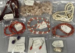 ASSORTED CORAL & HARDSTONE NECKLACES & EARRINGS including pink coral, red carnelian, rose jade and