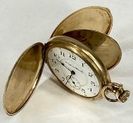 GOLD PLATED KEYLESS FULL HUNTER POCKET WATCH by Hampden Watch Company, engraved front and back,