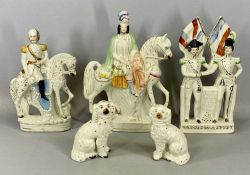 GROUP OF 19TH CENTURY STAFFORDSHIRE FIGURES comprising a flatback equestrian group, 37cms (h),