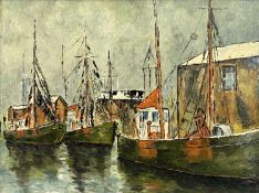 BRITISH 20TH CENTURY SCHOOL oil on board - boats in dockyard, unsigned, 60 x 44cms Provenance: