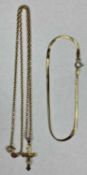 9CT GOLD JEWELLERY including crucifix with curb link necklace, and flat link bracelet, 4gms gross
