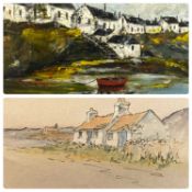 POSSIBLY IRISH SCHOOL oil on board - panoramic harbour view with red rowing boat, 26 x 19cms and