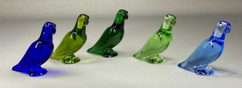 BACCARAT CRYSTAL PARROT ORNAMENTS, two shades of blue and three shades of green, each having