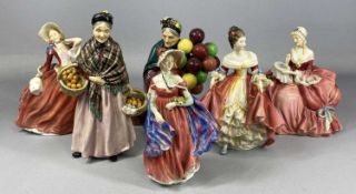 SIX ROYAL DOULTON FIGURINES, 'The Old Balloon Seller' HN1315, 'Southern Belle' HN2229, 'The Orange