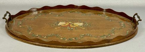 LATE 19TH CENTURY SHERATON REVIVAL OVAL TEA TRAY, with gilded handles and polychrome painted
