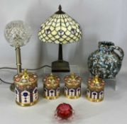 FOUR ROYAL CROWN DERBY STYLE IMARI PATTERN LIDDED JARS, 20cms (h) the tallest, Tiffany style table