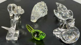 BACCARAT ANIMAL ORNAMENTS including cat, green bird, swan, butterfly, hedgehog and elephant,