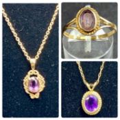 9CT GOLD & AMETHYST SET JEWELLERY, ring size O, and two pendants on fine link necklaces