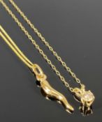 TWO 9CT GOLD PENDANTS ON CHAINS, comprising diamond drop pendant, and one other, both on fine gold