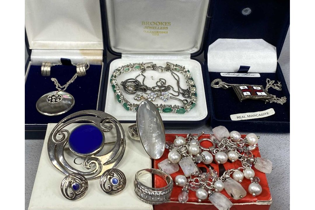 SILVER JEWELLERY including emerald and cubic zirconium tennis bracelet, Celtic design blue stone - Image 2 of 3