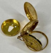 18CT GOLD FOB WATCH, key wind, engraved back and dial, gold Roman numeral hour markers, fusee
