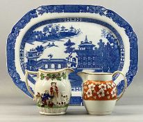 LARGE 19TH CENTURY PEARLWARE BLUE AND WHITE TRANSFER DECORATED MEAT PLATE, with Oriental design,