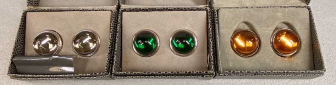 LALIQUE CABOCHON EARRINGS, three pairs in green, amber and grey, each marked 'Lalique' and in