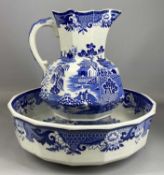 MASONS BLUE & WHITE WILLOW PATTERN TOILET JUG & BOWL, jug 30cms (h) Provenance: private collection