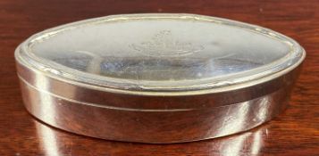 EDWARD VII OVAL SILVER SNUFF BOX, hinged cover with marquess crown crest, gilded interior,