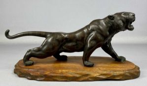 JAPANESE BRONZE OKIMONO OF CROUCHING SNARLING TIGER, Meiji period, standing on wooden plinth, 23 (h)