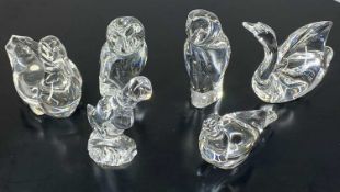 BACCARAT CRYSTAL BIRD ORNAMENTS including two owls, swan and three ducks, 11cms (h) the tallest,