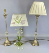 THREE CONTEMPORARY TABLE LAMPS, two having silvered composite and Perspex stems, 40cms (h) to