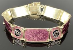 NORWEGIAN SILVER BANGLE with purple guilloche enamel panels and ring links, with safety chain, c.