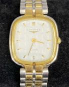 LONGINES TWO TONE METAL LADIES' BRACELET WATCH, rectangular case, white dial with baton hour