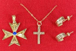 9CT GOLD CROSS & EARRINGS together with 9ct gold openwork cross set with sapphire to centre, 2.