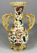 ZSOLNAY PECS TWO-HANDLE VASE, decorated with flowers, reticulated rim, side handles and foot, blue