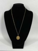 9CT GOLD CIRCULAR LOCKET, scroll engraved to front and back, 20mms (diam.), on 9ct gold fine link