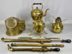 ASSORTED BRASSWARE including ship's compass binnacle, tea kettle on stand, oil lamp, etc.